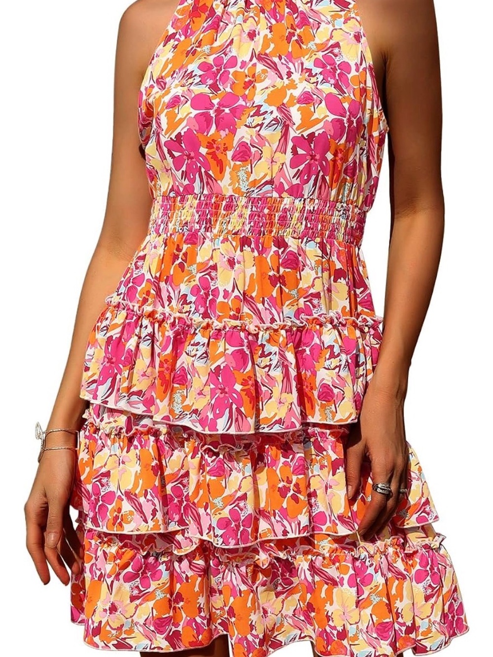 Floral Halter Tiered Summer Dress in Pink & Orange